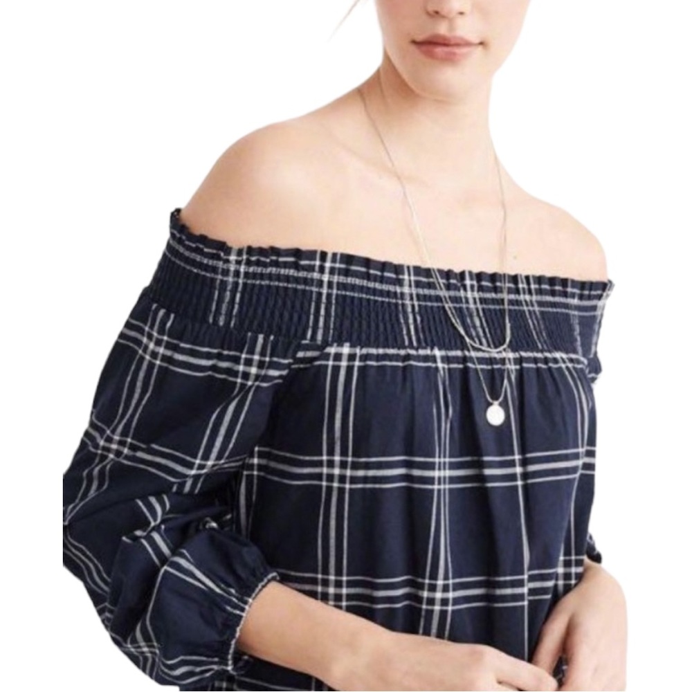 Abercrombie & Fitch Women’s off-the shoulder puff sleeves navy plaid dress Sz M - Picture 3 of 15